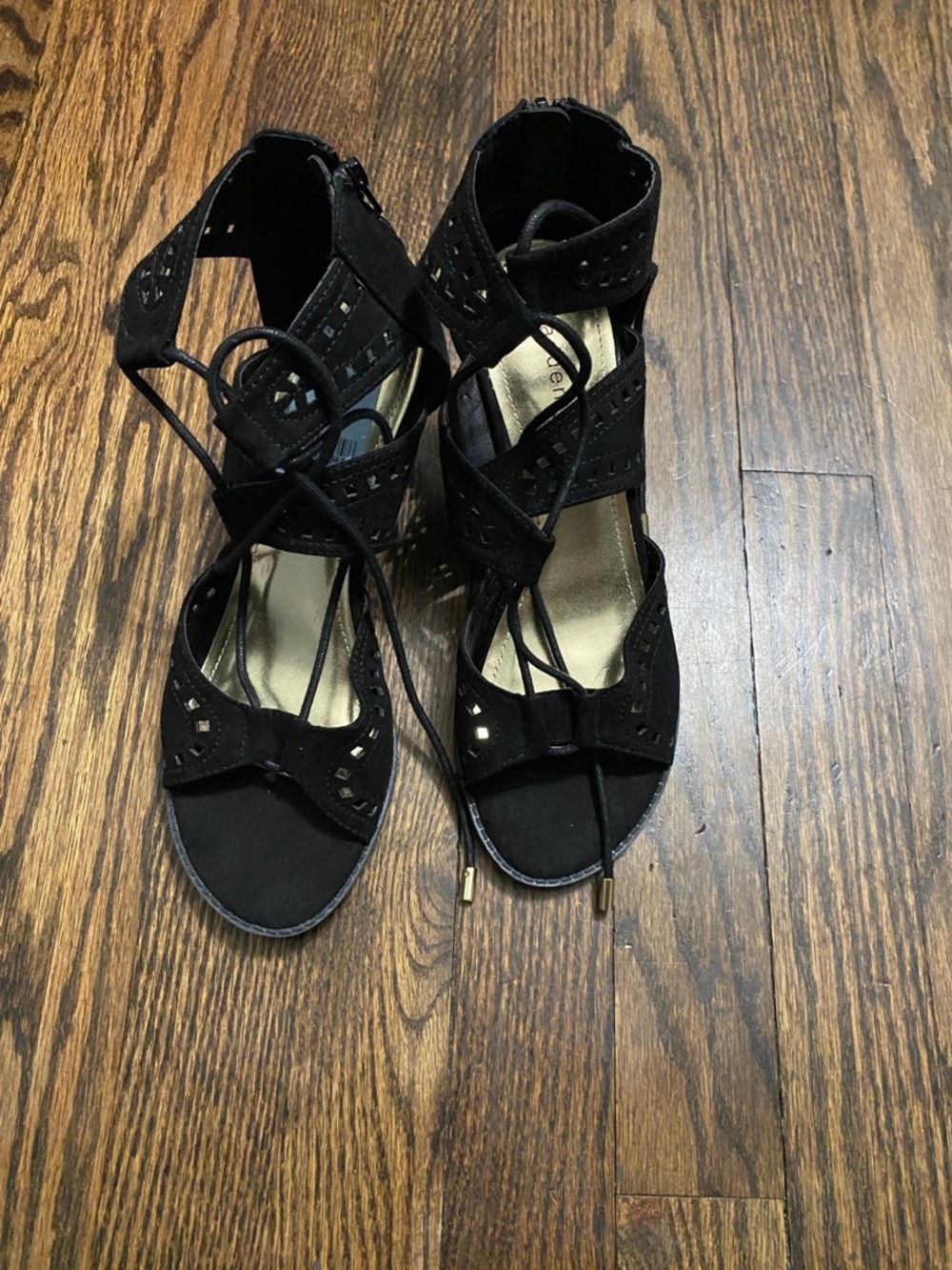 Madden Girl Black Lace-Up Cutout Heeled Sandals